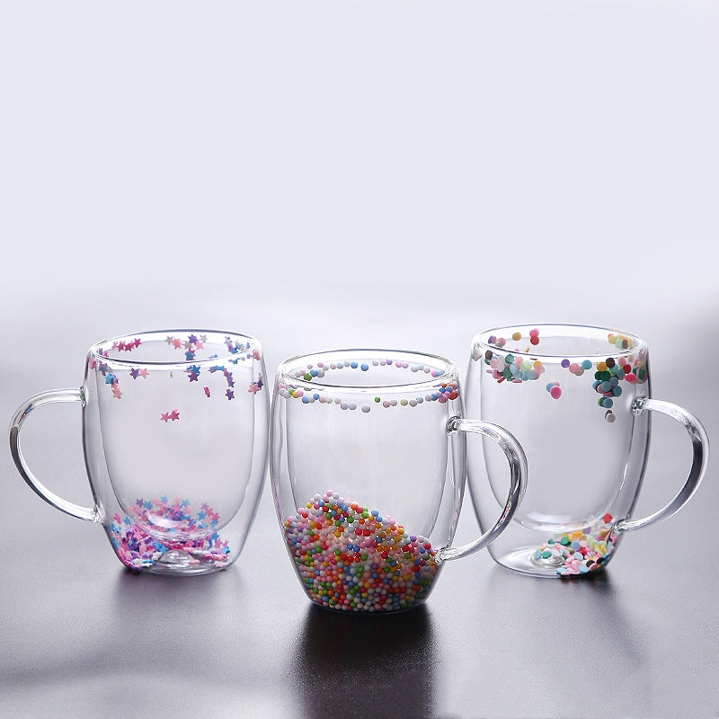350ml Double Wall Glass Coffee Mug with Handles Clear Milk Cups Gifts Glass Cup Fill Artificial Simulation Flowers Teacup Gift