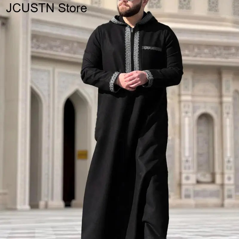 Muslim Men's Robes Hooded Embroidered Robes Arabic Thobe Ethnic Style Traditional Casual Thawb Islamic Prayer Clothes Moroccan
