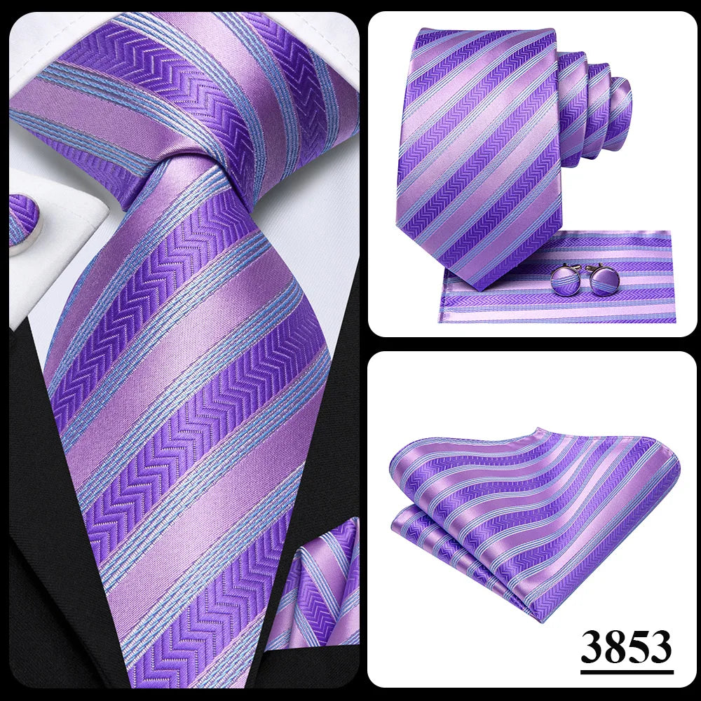 Hi-Tie Men Fashion Striped Navy Blue Necktie Handkerchief Cufflinks for Tuxedo Accessory Classic Silk Luxury Tie for Man Gift