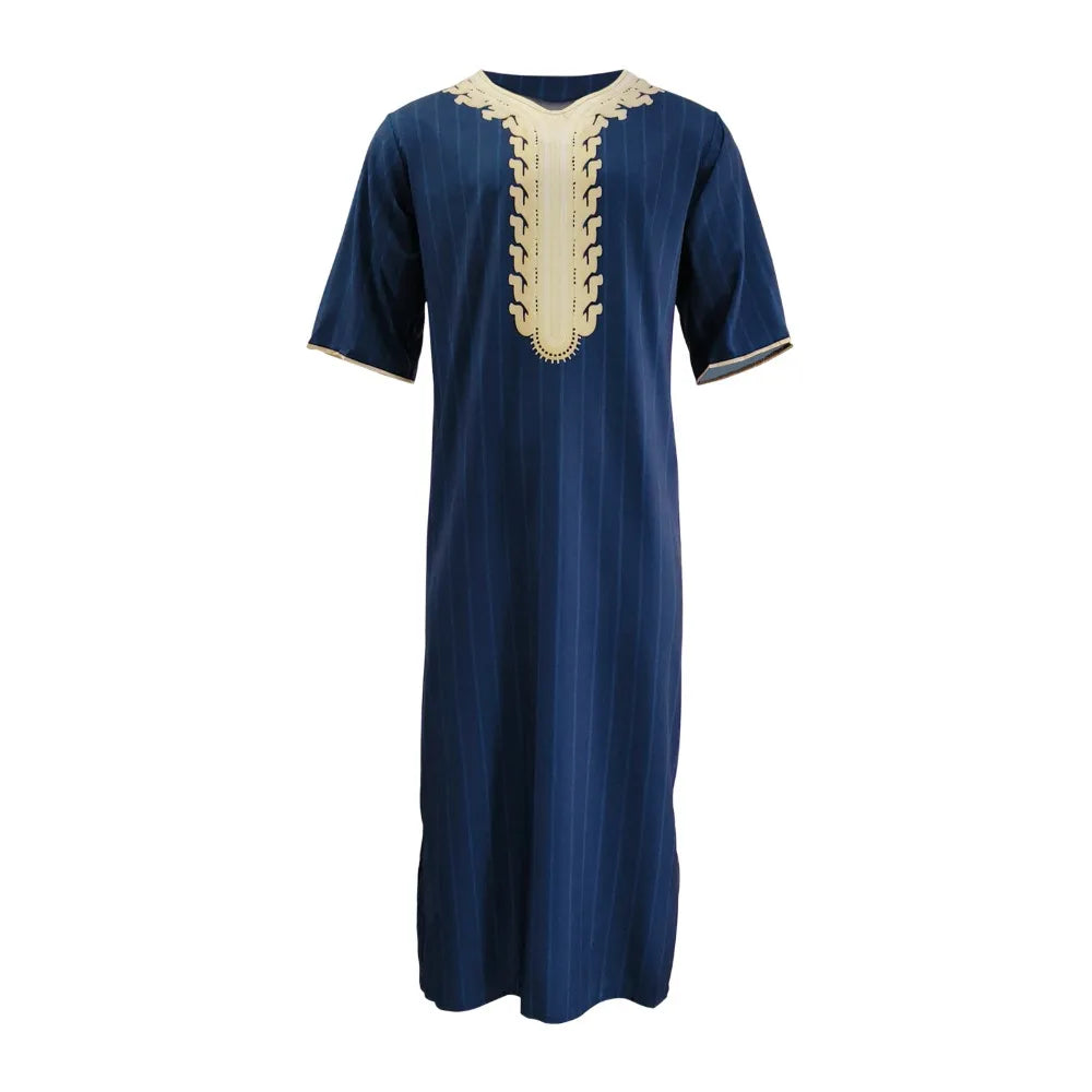 Men's Arabian Thobe - Summer V-Neck Short Sleeve Robe, Loose Fit Muslim Islamic Clothing for Casual Wear