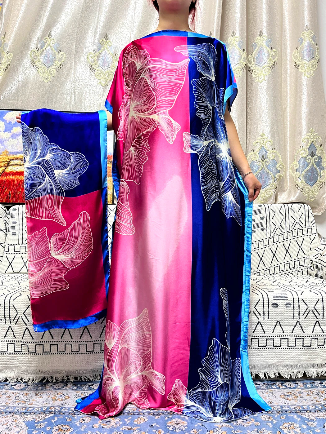 Abayas For Women 2023 Printed Silk Soft Loose Femme Robe Muslim Summer Fashion Clothing African Islam Woman Dresses With Turban