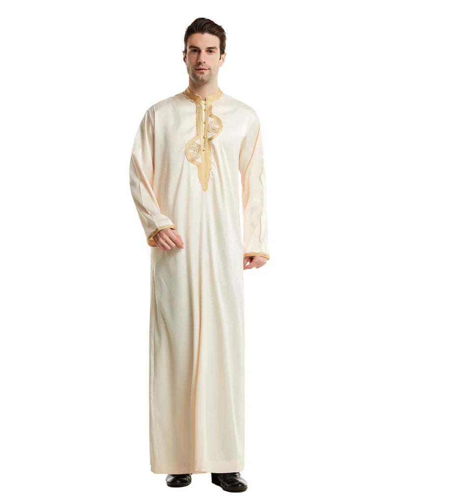 1pcs/lot man fashion embroidery muslim long robe man stand collar long sleeve jubba thobe