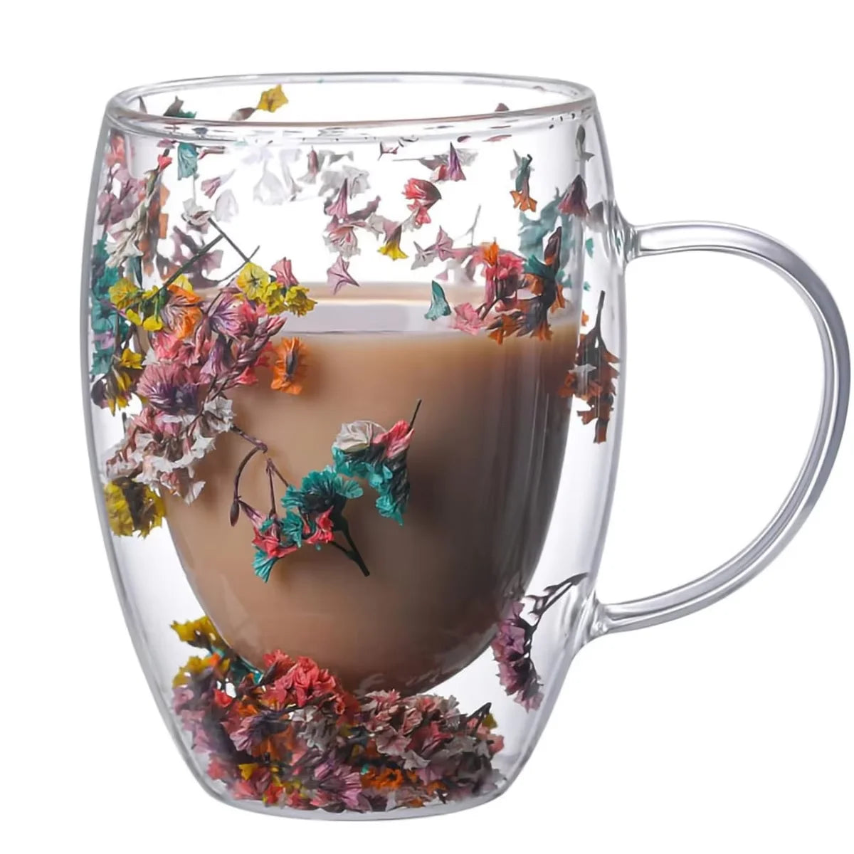 300ML Double-Wall Flower Glass Coffee Mug High Borosilicate Transparent Tea Milk Drinking Cup with Dry Flower Design for Gifts