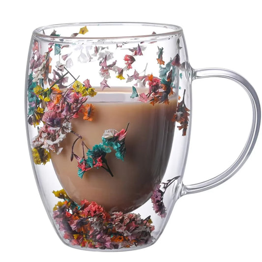 300ML Double-Wall Flower Glass Coffee Mug High Borosilicate Transparent Tea Milk Drinking Cup with Dry Flower Design for Gifts