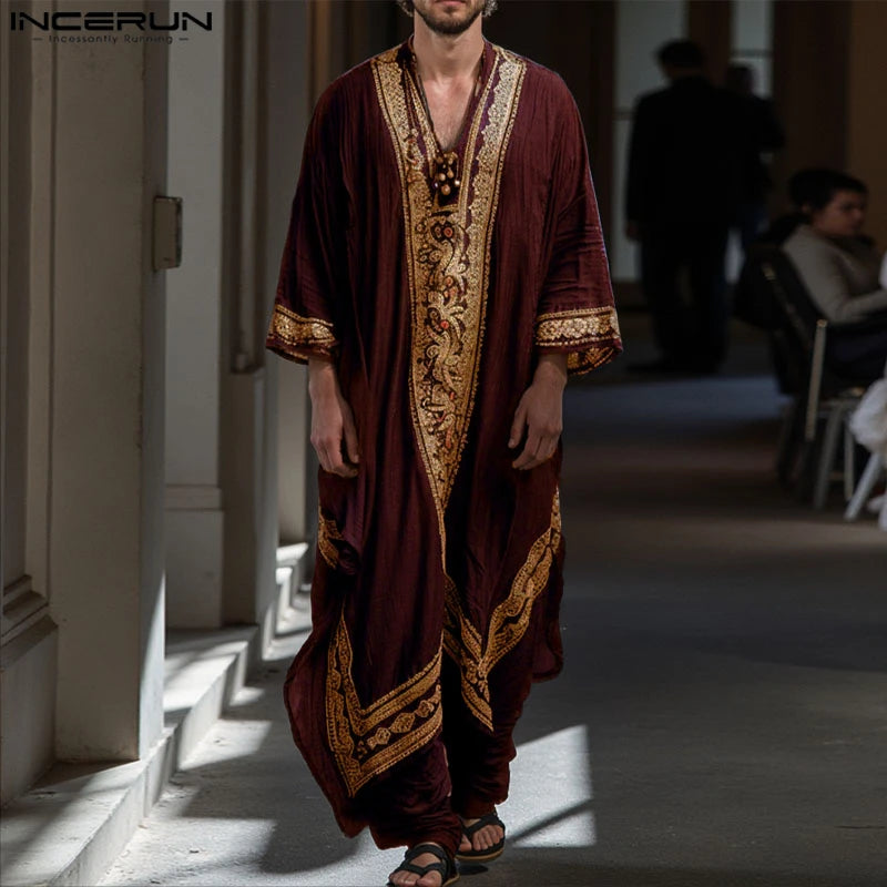 INCERUN Men Jubba Thobe Printing Patchwork V Neck Long Sleeve Male Robes Muslim Kaftan Loose 2025 Arab Casual Men Caftan Abaya
