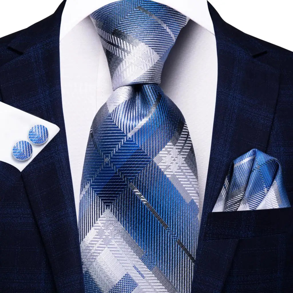 Hi-Tie Plaid Silk Tie For Men Elegant Mens Blue Grey Necktie Pocket Square Cufflink Groom Wedding Accessory Wholesale Designer
