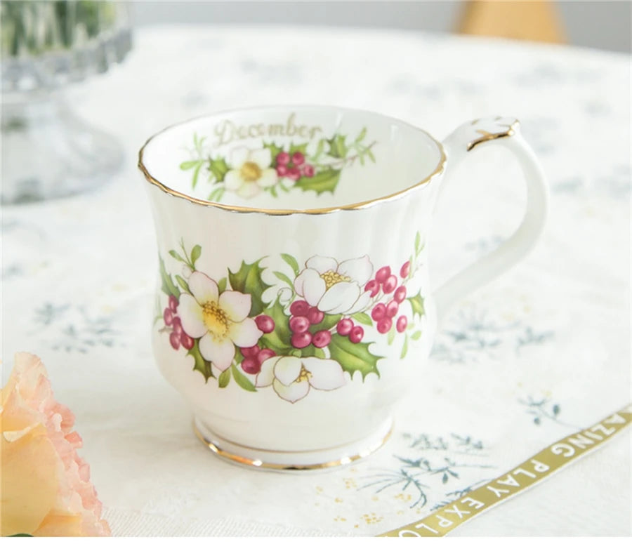 Retro Coffee Mug Ceramic Exquisite Seasonal Flower Printed Couple Cup Bone China Creative Gift Home Drinkware Breakfast Milk Mug