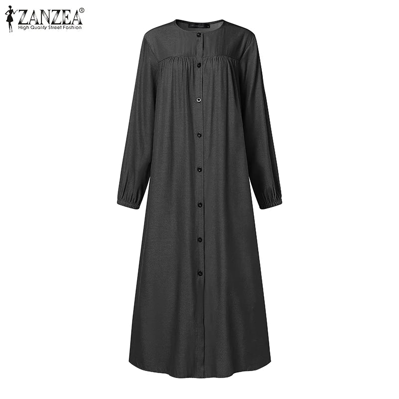 ZANZEA Ramadan Hijab Dresses Muslim Abaya Robe Femme Casual Long Sleeve Kaftan IsIamic Vestidos Women Denim Blue Maxi Dress 2025