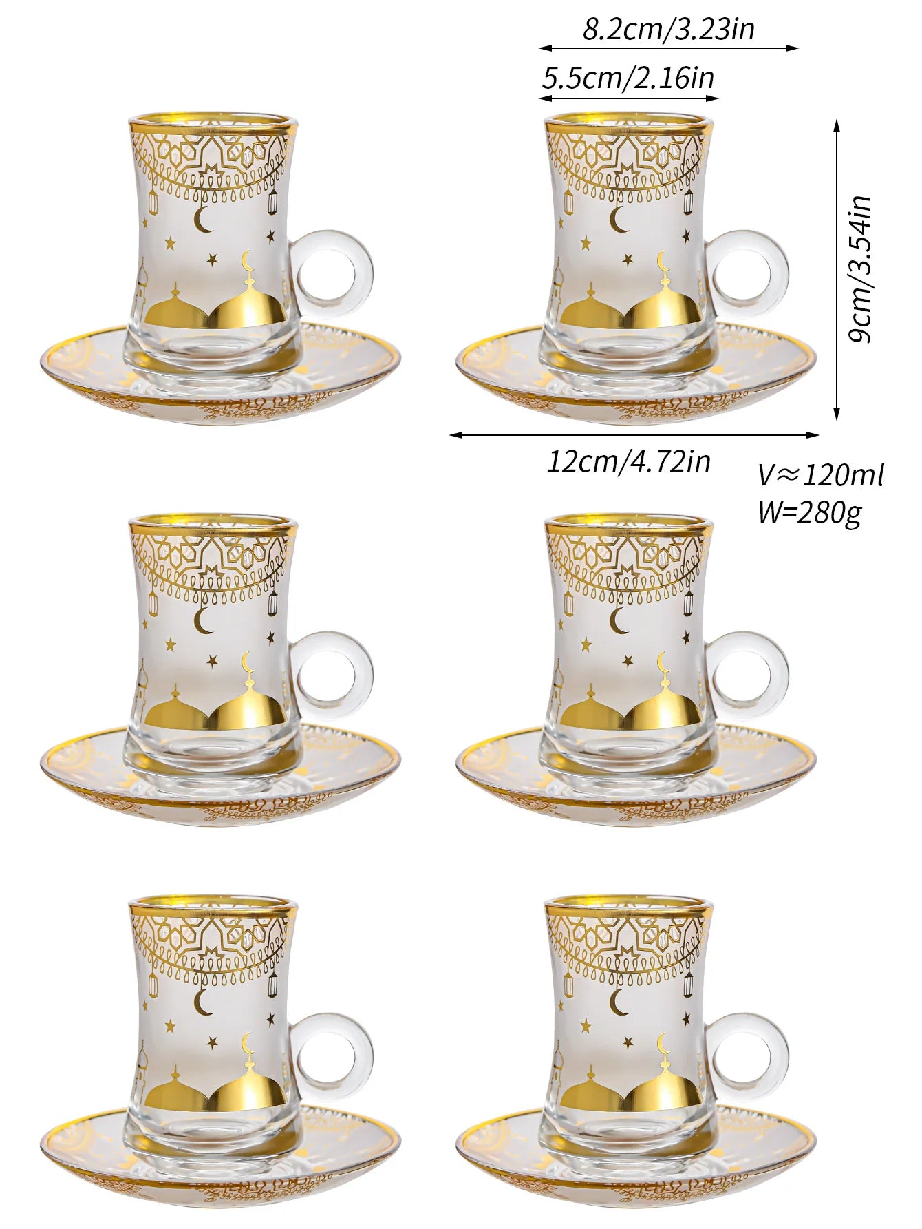 6 Pack Creative Transparent Glass Mug Hot Gold Embossed Flower Glass Coffee Latte Mug