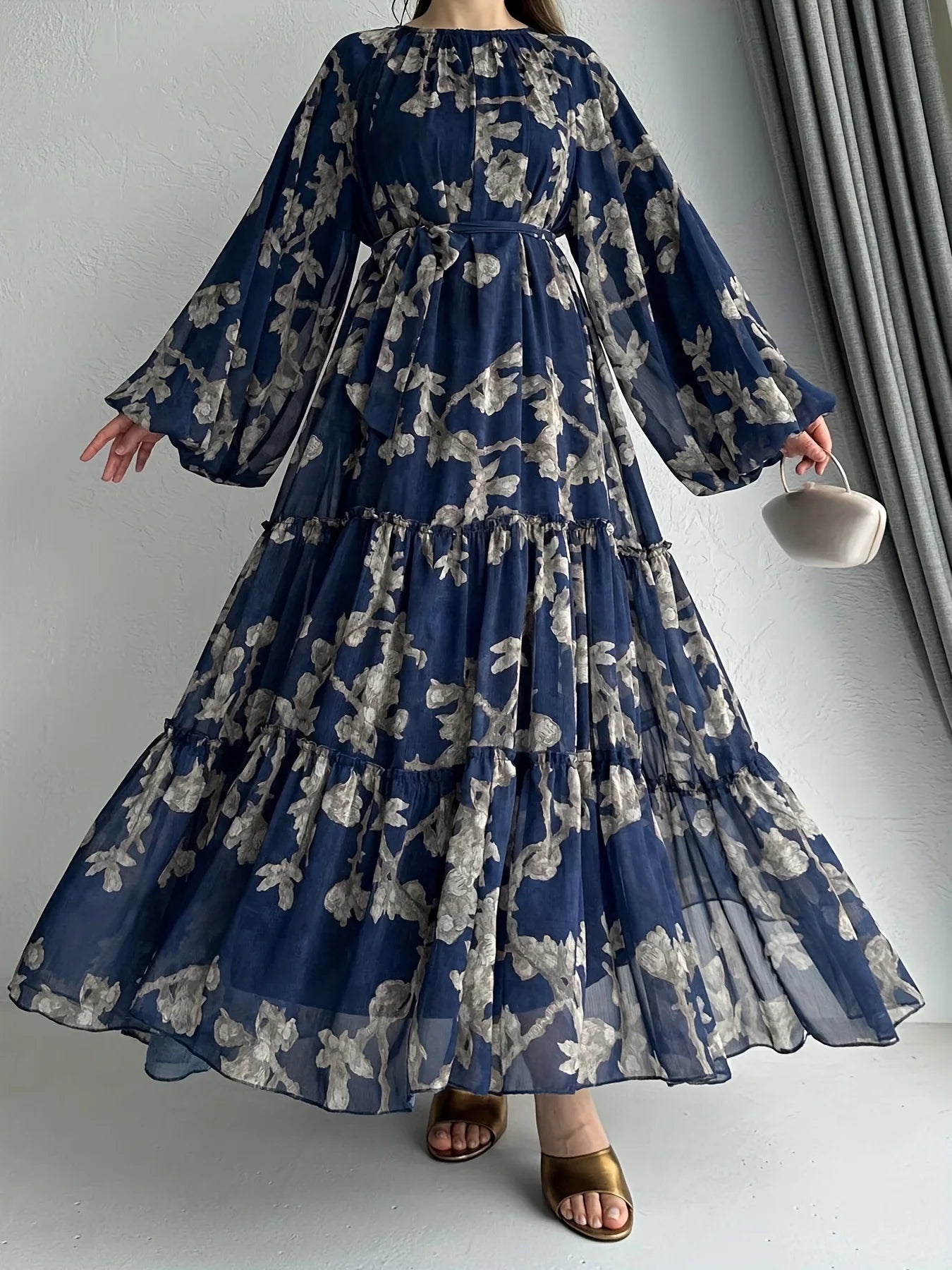 Eid Chiffon Women Dress Abaya Flower Print Muslim Vestidos Largo Dubai Kaftan Arab Long Robe Ramadan Morocco Dresses Jalabiya