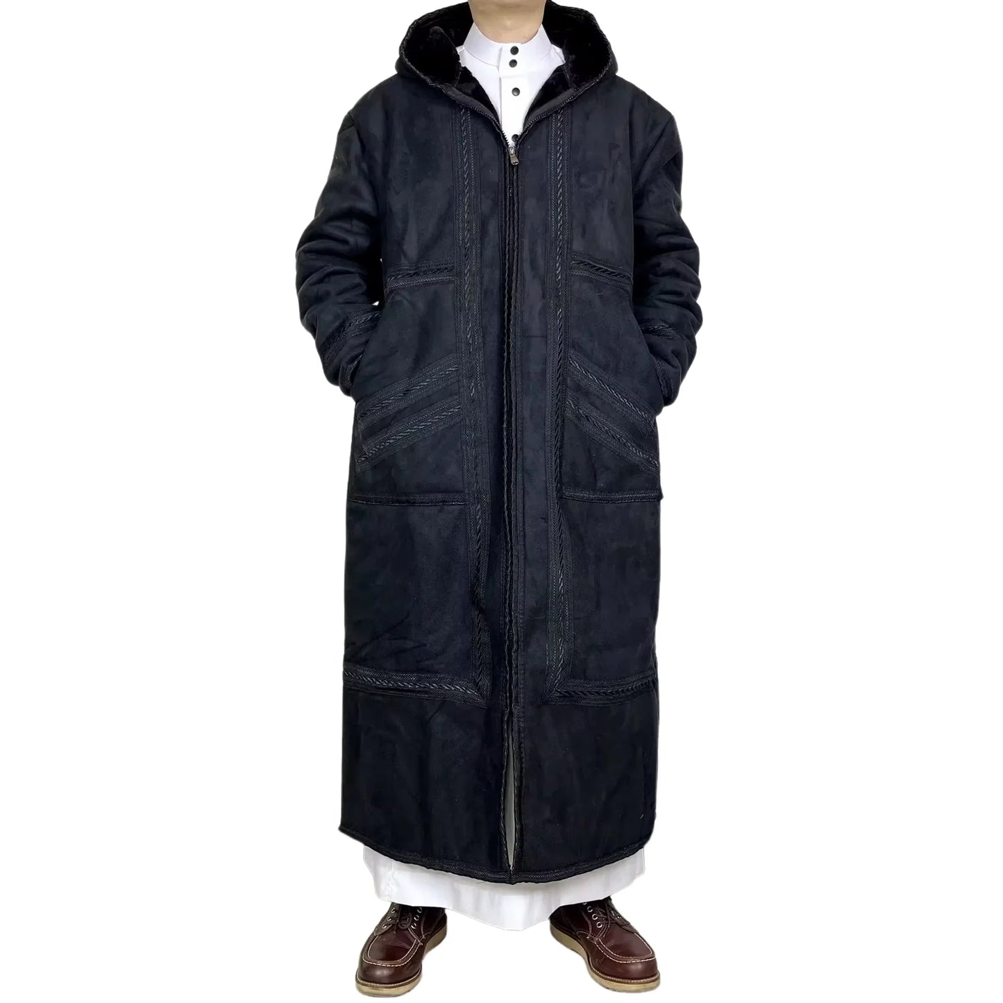 Eid Djellaba Jubba Thobe Saudi Arab Winter Thick Warm Faux Fur Men Muslim Kimono Cardigan Hooded Coat Kaftan Abaya Islam Clothes