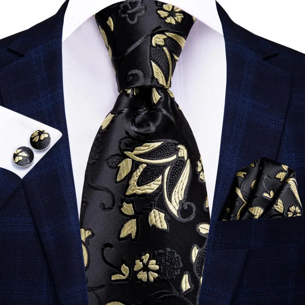Hi-tie Design Black Solid Dot Silk Wedding Tie For Men Hanky Cufflink Gift Men Necktie Gravata Set Fashion Business Dropshipping