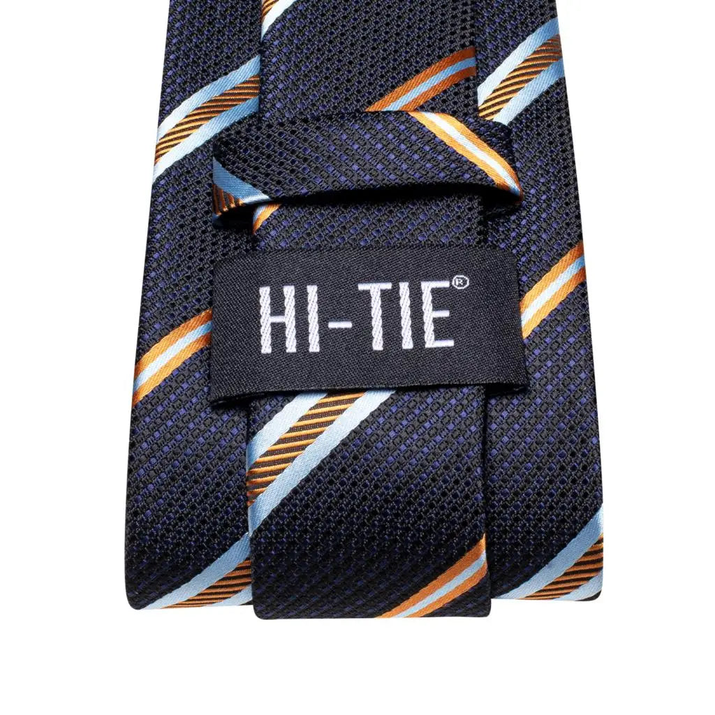 Hi-Tie Men Fashion Striped Navy Blue Necktie Handkerchief Cufflinks for Tuxedo Accessory Classic Silk Luxury Tie for Man Gift