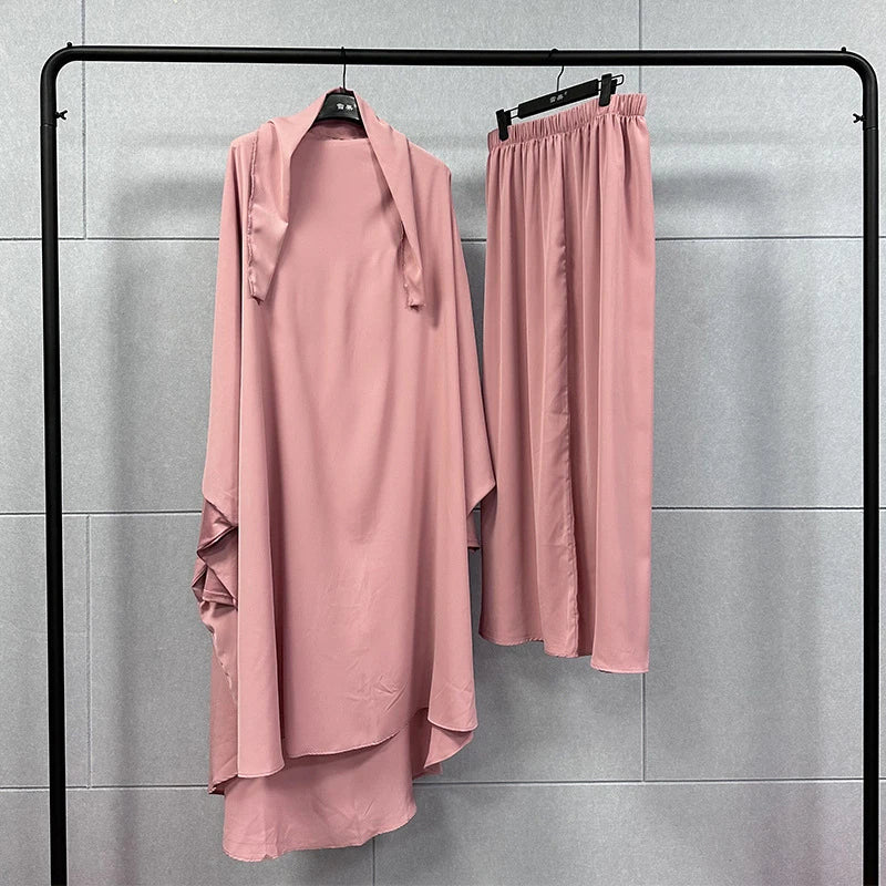 2PCS Women Eid Hooded Muslim Hijab Dress Set Prayer Garment Robes Abaya Khimar Full Cover Ramadan Gown Abayas Islamic Clothing