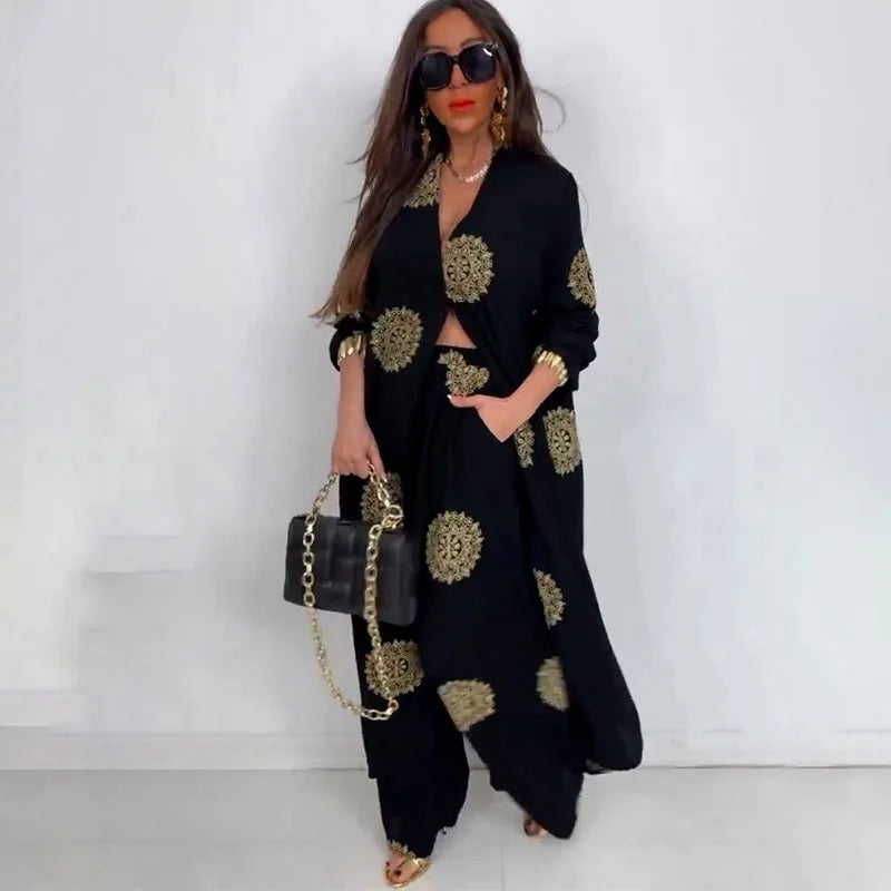 Long Coat 2 Piece Set Women Print Cardigan Wide Leg Pants Suit Ramadan Muslim Morocco Ensemble Dubai Islam Casual Arabic Outfits