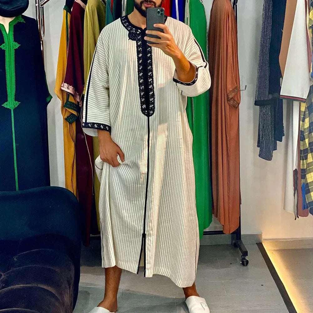 New 2026 Muslim Men Abaya Arabic Islamic Clothing Loose Shirt Robe Jubba Thobe Ethnic Print Saudi Arab Middle East Male Vestidos