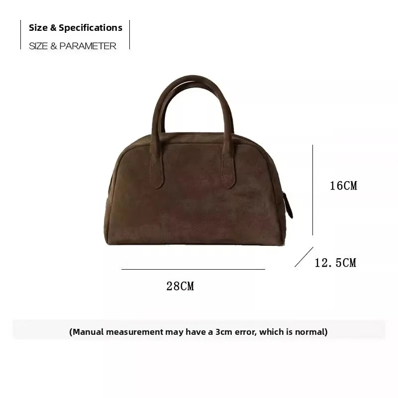 Nothingwritten Suede Leather Bowling Bag Handheld Boston Bag Women's Handbag Korean Sle Hard Handle Canvas  Zipper Cl...