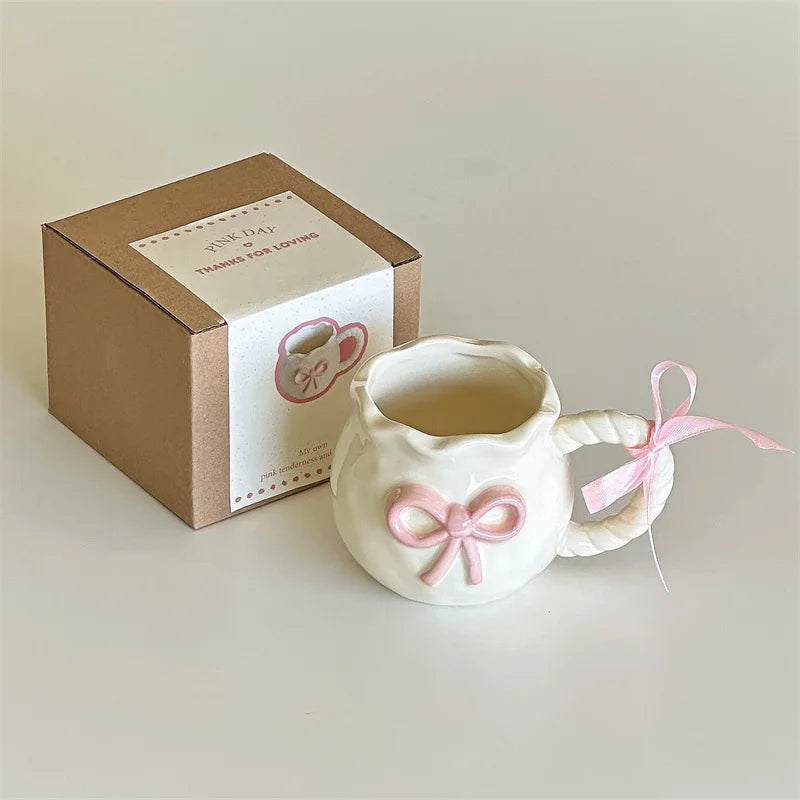 Cute Bow Thickened Ceramic Cup Hand Bow Irregular Mug Cups Coffee Milk Drinks Cup