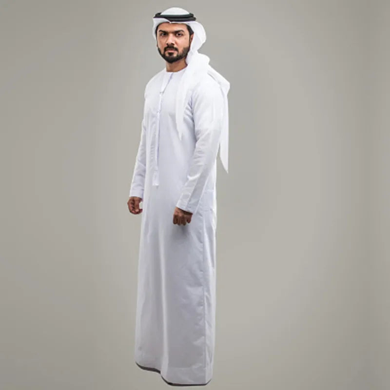 2024 Men's New Muslim Abaya Casual Middle Eastern Round Neck Robe + White Headscarf + Headband Islamic Robe Clothing