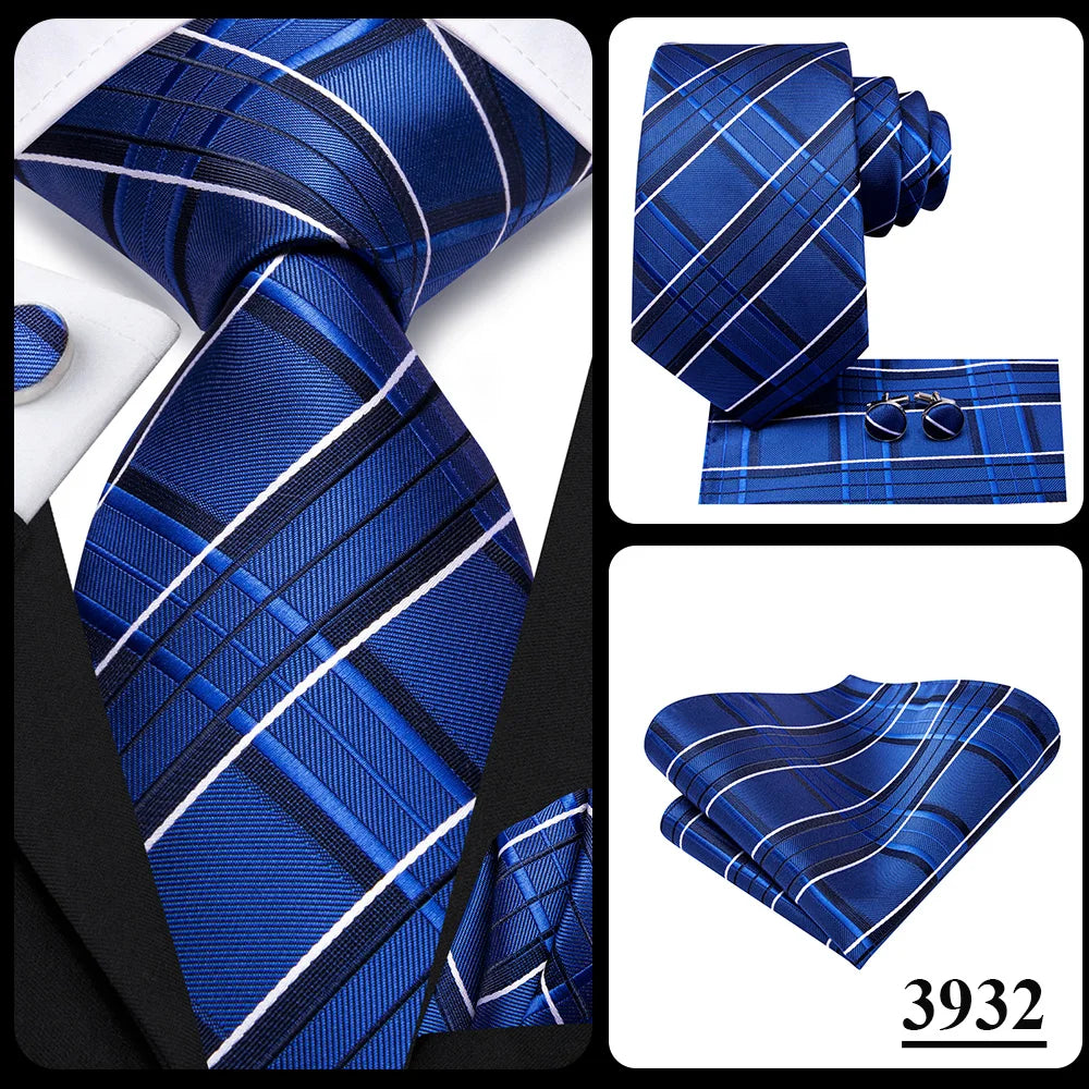 Hi-Tie Fashion 8.5cm Black Plaid Dots Men's Elegant Tie Handkerchief Cufflinks Set Wedding Party Accessories Gift for Men Gravat