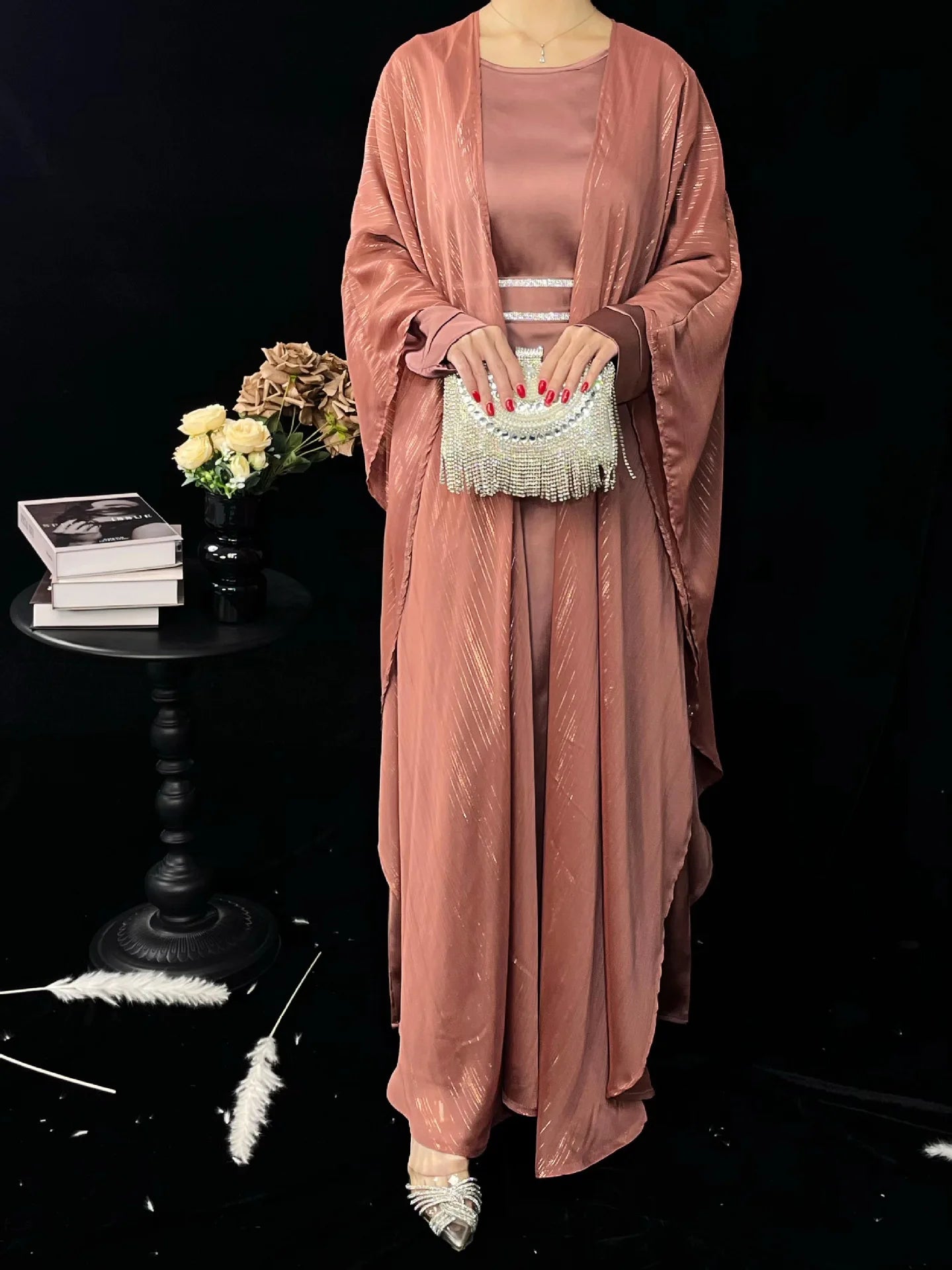 Eid Dress Suit Open Abaya Women Cardigan Dresses 2 Piece Set Jalabiya Muslim Ramadan Dubai Kaftan Party Vestidos Robe Morocco