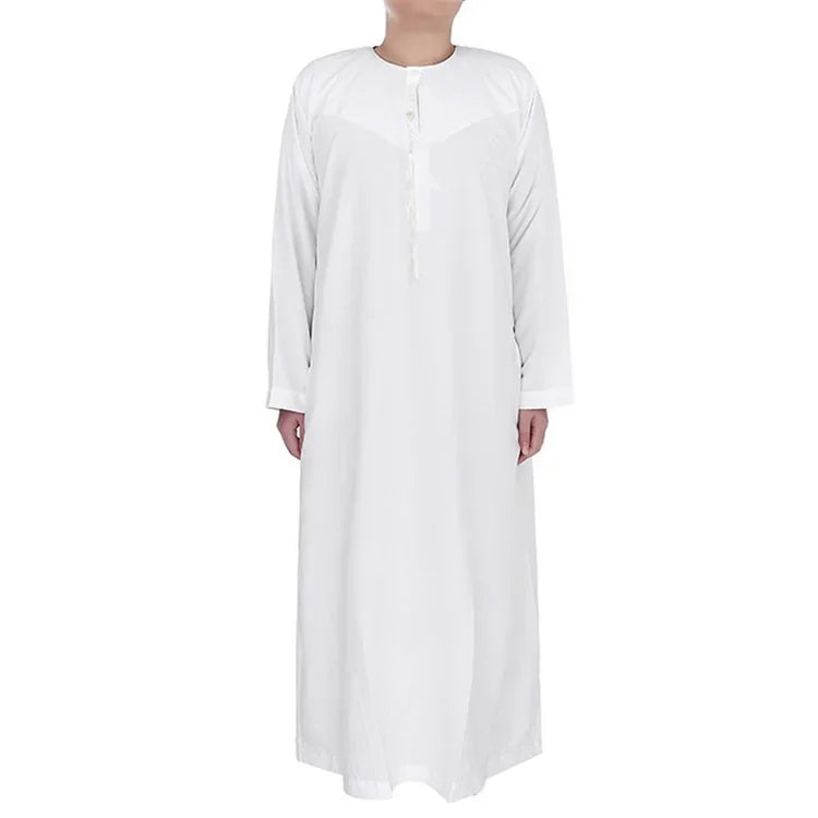 2024 Men's New Muslim Abaya Casual Middle Eastern Round Neck Robe + White Headscarf + Headband Islamic Robe Clothing