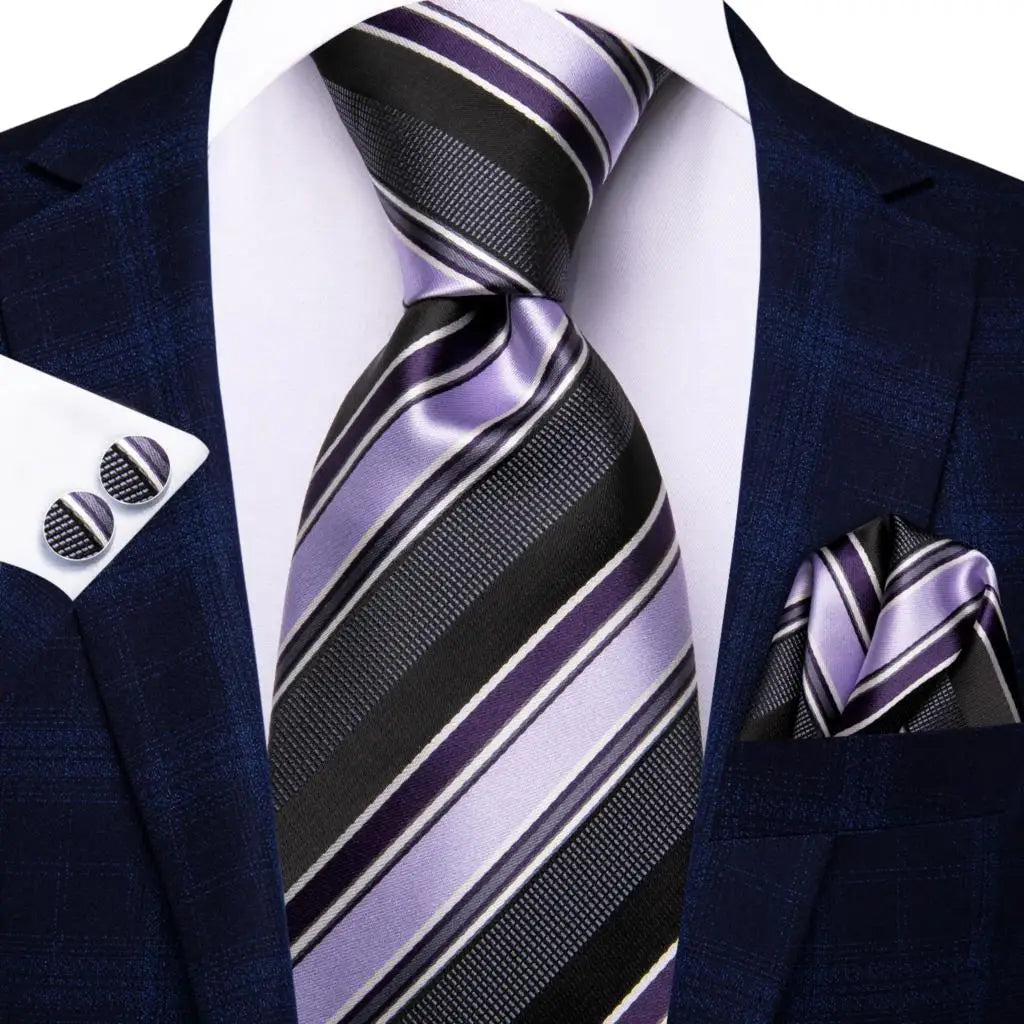 Hi-Tie Men Fashion Striped Navy Blue Necktie Handkerchief Cufflinks for Tuxedo Accessory Classic Silk Luxury Tie for Man Gift