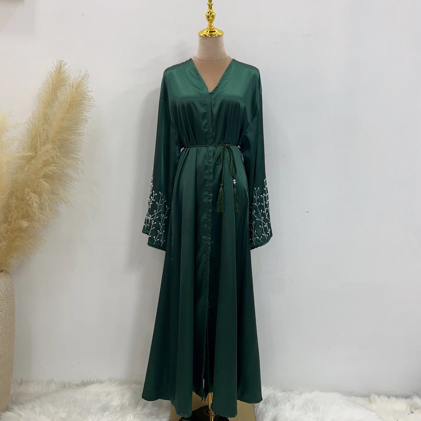 Kimono Abaya Dubai Party Kaftan Solid Beaded Muslim Fashion Hijab Dress Summer Open Abayas for Women Turkey Islam Modest Outfit
