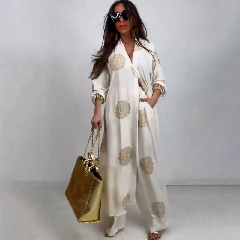 Long Coat 2 Piece Set Women Print Cardigan Wide Leg Pants Suit Ramadan Muslim Morocco Ensemble Dubai Islam Casual Arabic Outfits
