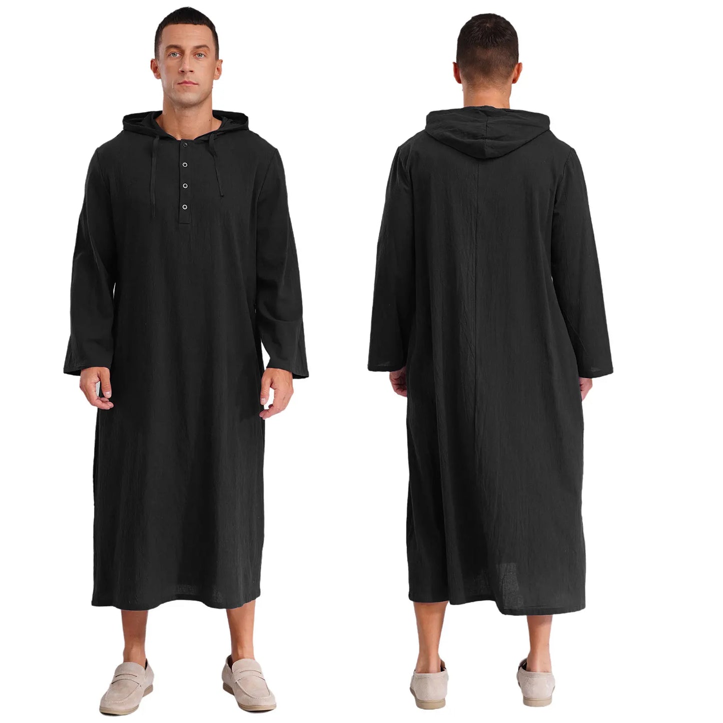 Mens Jubba Thobes Linen Muslim Robe Hooded with Pockets Middle East Islam Arabic Moroccan Kaftan Eid Prayer Long Robe Dress