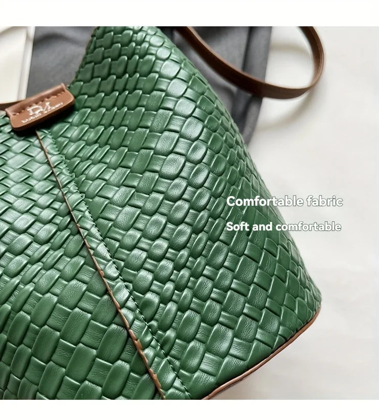 Fashionable Women's Bucket Bag, Stylish Solid Color Woven Effect Handbag Shoulder Bag and Crossbody Bag, Can Be Carried By Hand