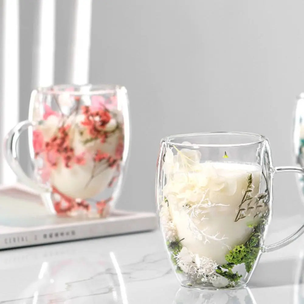 Dried Flowers Double Walled Coffee Mug 350ml Dried Flowers Glass Mugs Unique Creative Flower Mug with Handle Anti-Scalding Mug