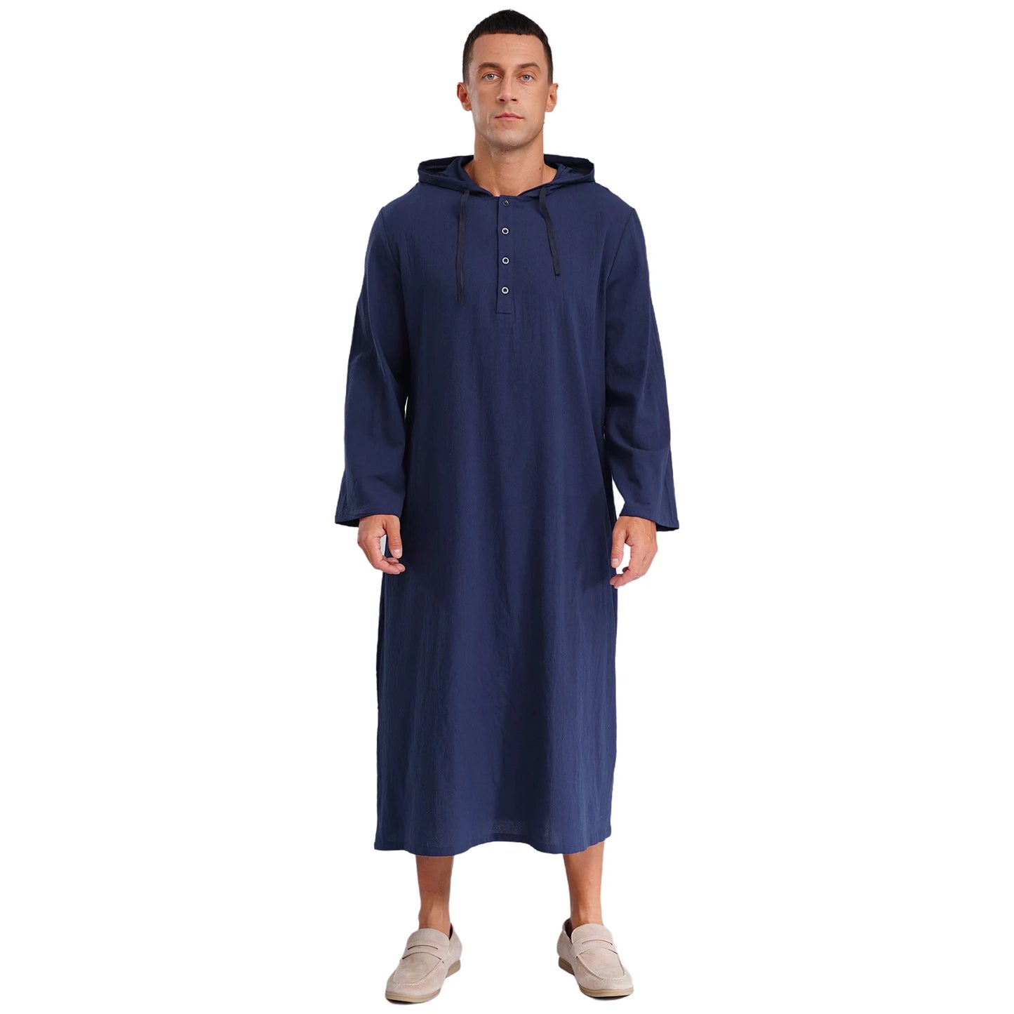 Mens Jubba Thobes Linen Muslim Robe Hooded with Pockets Middle East Islam Arabic Moroccan Kaftan Eid Prayer Long Robe Dress