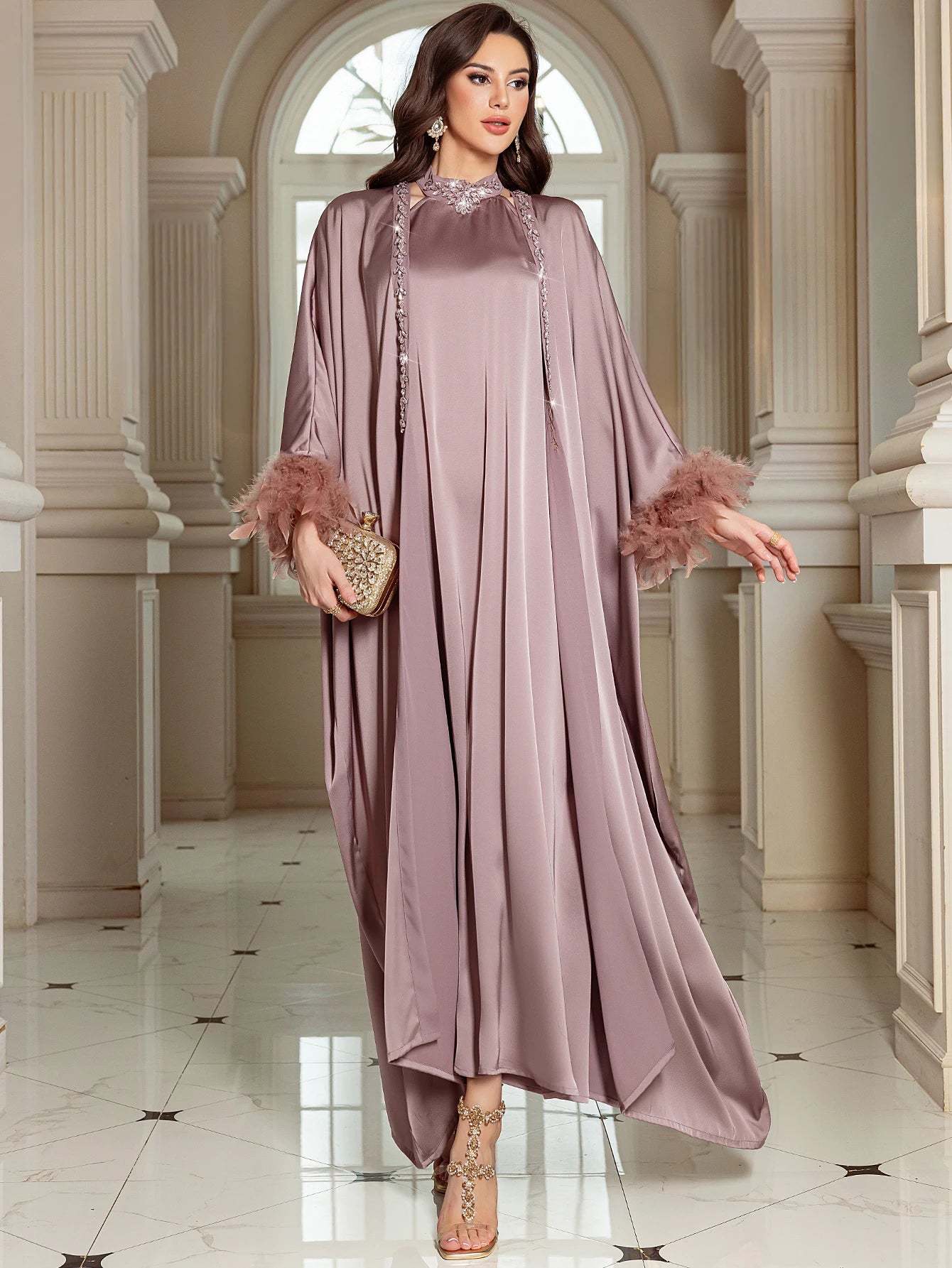 Luxury Dubai Abayas for Women Feather Muslim Sets Satin Kimono Cardigan Kebaya Turkey Kaftan Ramadan Islam Clothing Robe Abayo