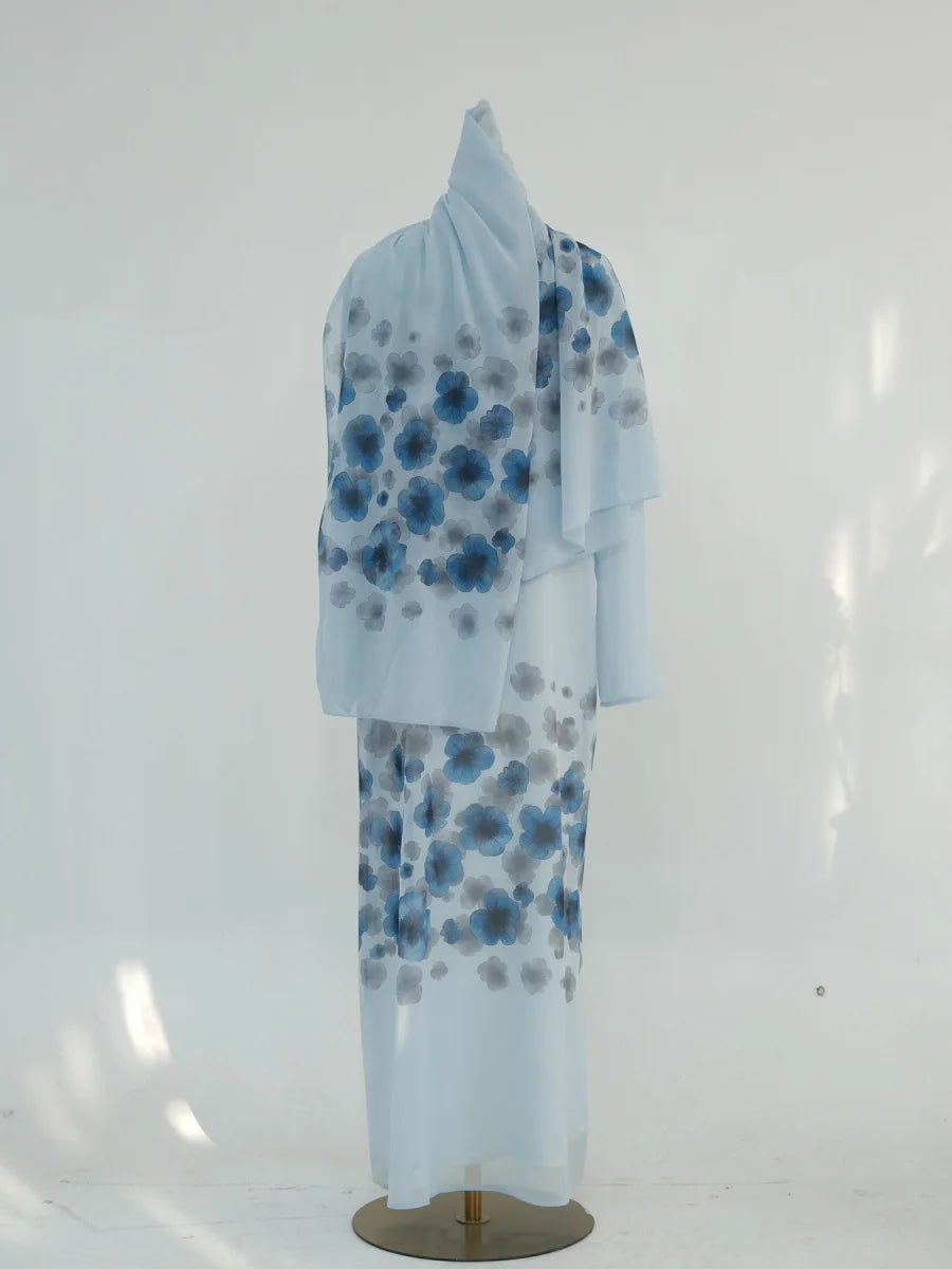 Muslim Women Arabic Dubai Abaya Chiffon Print Kimono Cardigan Long Dress With Hijab Modest Kaftan Robe Femme Islamic Clothing