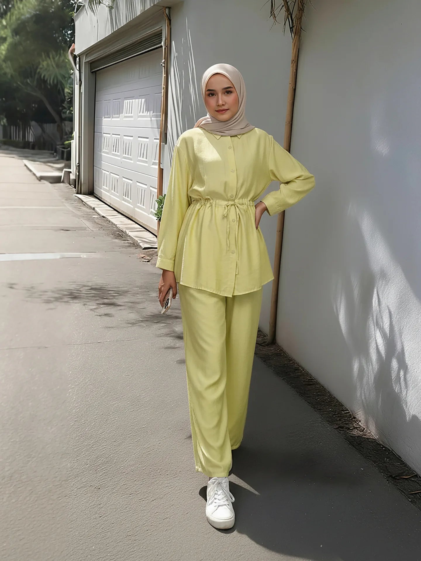 Turn Down Collar Rope Laced 2 Piece Set Women Clothing Wide Leg Pants Ramadan Prayer Dubai Islamic Clothes Turkish Abaya