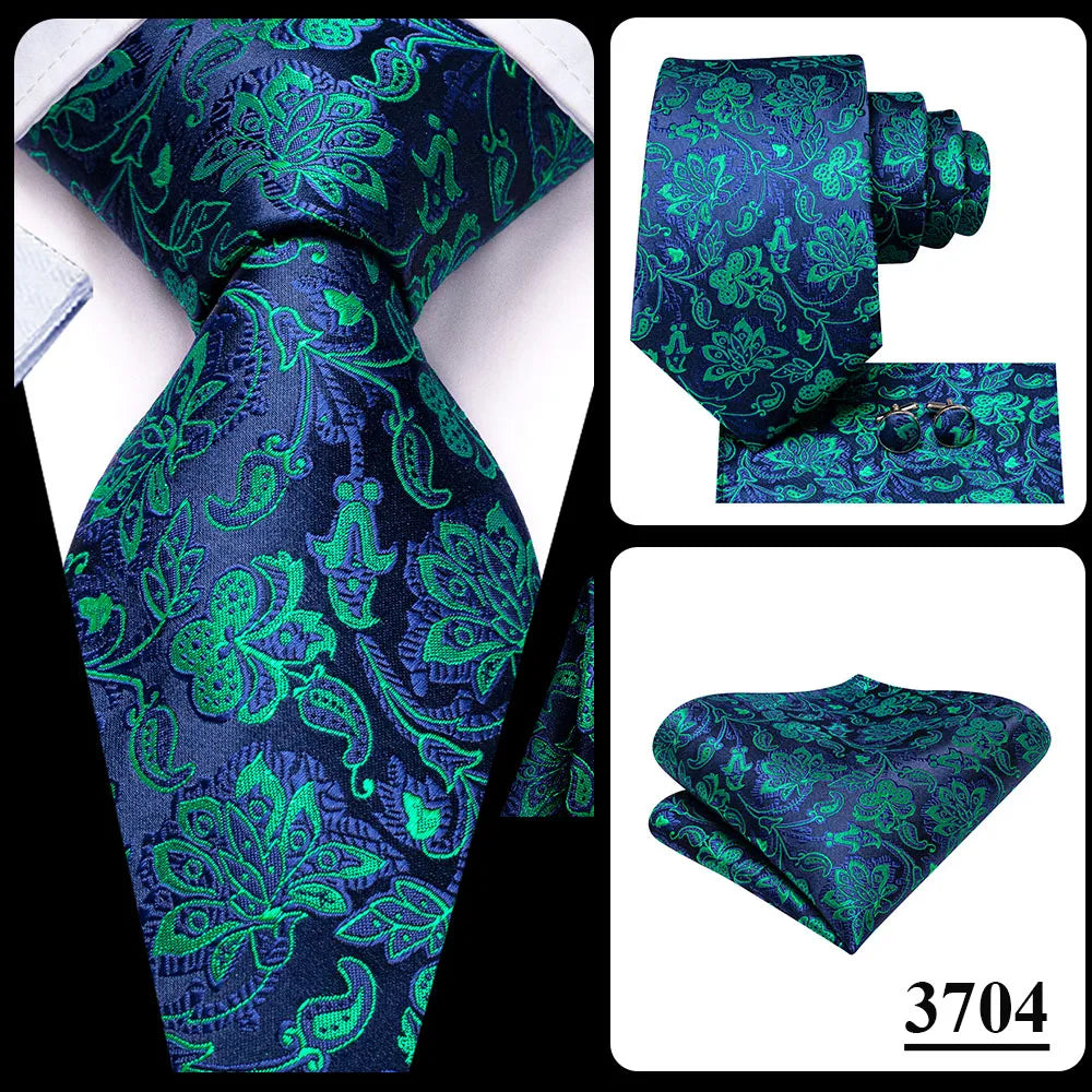 Hi-Tie Teal Green Floral Mens Fashion Necktie Handkerchief Cufflinks for Tuxedo Accessory Classic Silk Luxury Tie for Man Gift