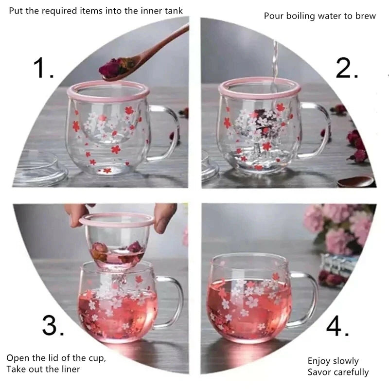 Sakura Mug Glass Mug With Tea Infuser Filter&Lid Cherry Blossoms Cup Set Blossoms Flower Teacup 300Ml Glasses Drinking Promotion