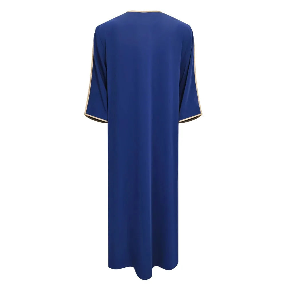 Men's Moroccan Style Thobe - 3/4 Sleeve Arabic Robe with Side Pockets, Ethnic Middle Eastern Loose Fit Muslim Wear