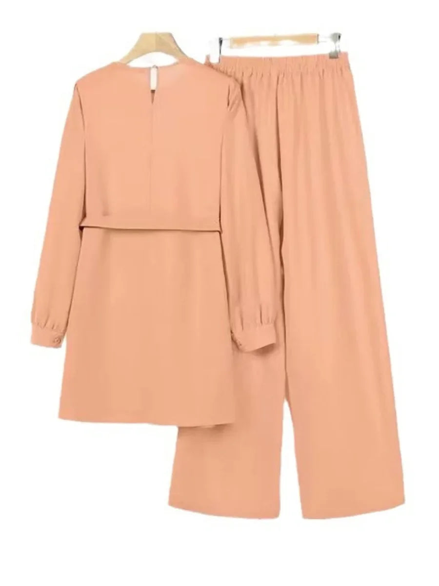 Arab Women Eid Muslim Two Pieces Set Lace-up Blouse & Pant Musulman Ensemble Belt Matching Sets Button Shirt Femme Abaya Ramadan