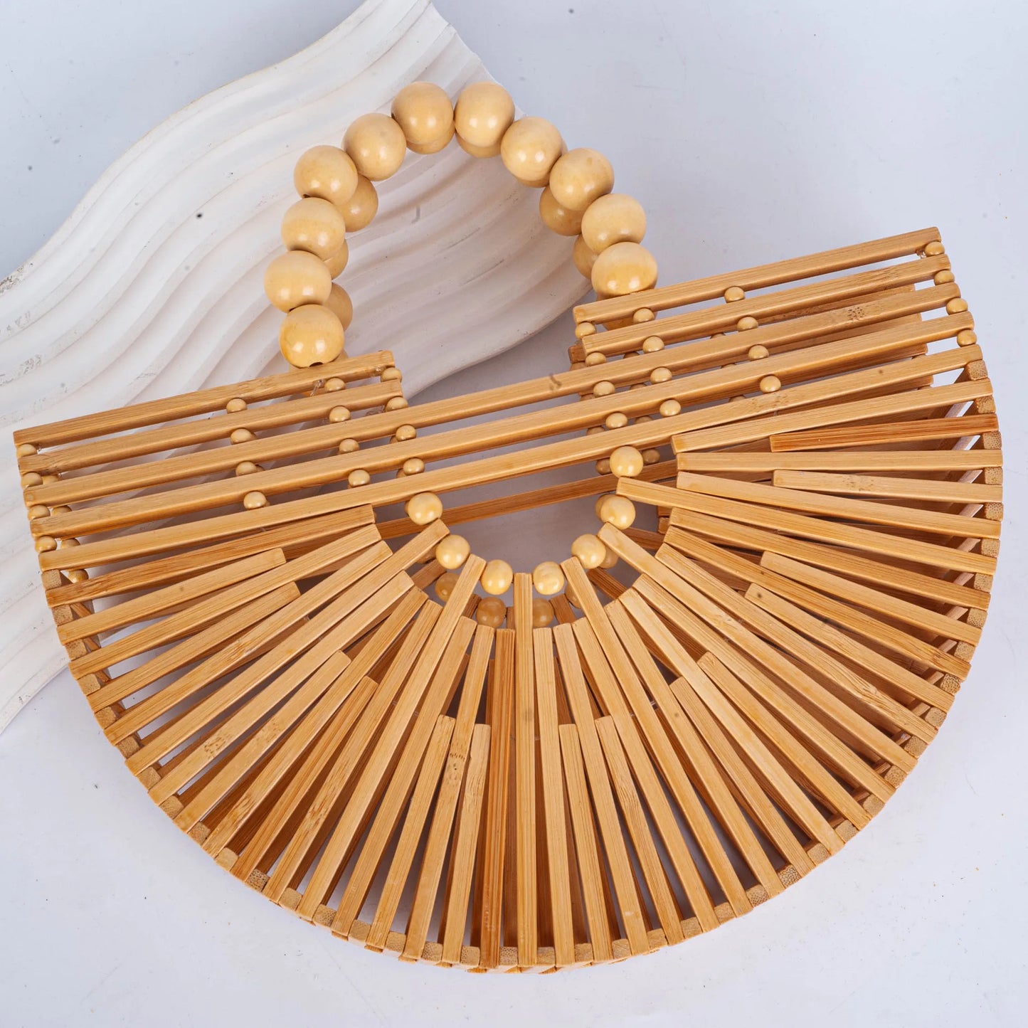 Handmade Fashion Bamboo Handbag Pearl Handle Design Elegant Women Hollow Out Beach Bag Vacation Women Straw Bag Female Bags