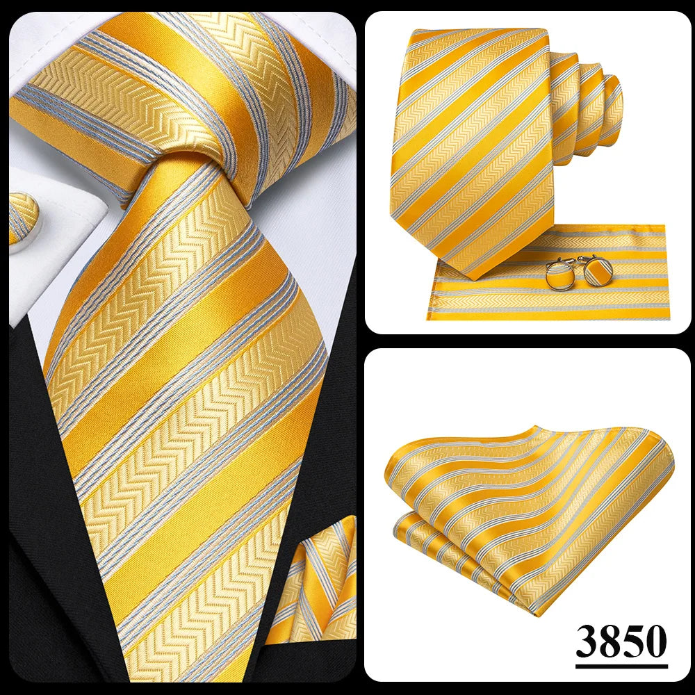 Hi-Tie Men Fashion Striped Navy Blue Necktie Handkerchief Cufflinks for Tuxedo Accessory Classic Silk Luxury Tie for Man Gift