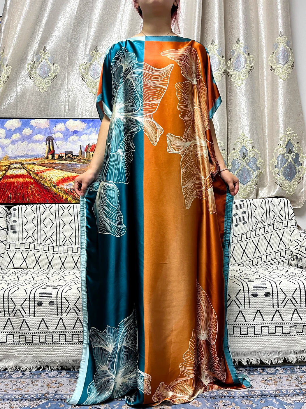 Abayas For Women 2023 Printed Silk Soft Loose Femme Robe Muslim Summer Fashion Clothing African Islam Woman Dresses With Turban
