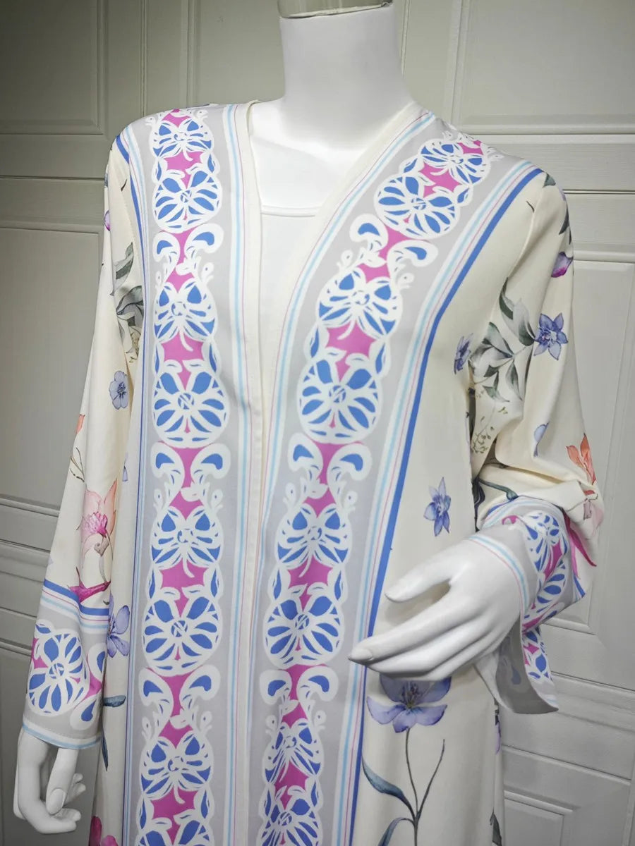 Muslim Women Dubai Abaya Luxury Floral Print Kimono Cardigan Hijab Long Dress Kaftan Ramadan Robe Femme Islam Clothing Kebaya