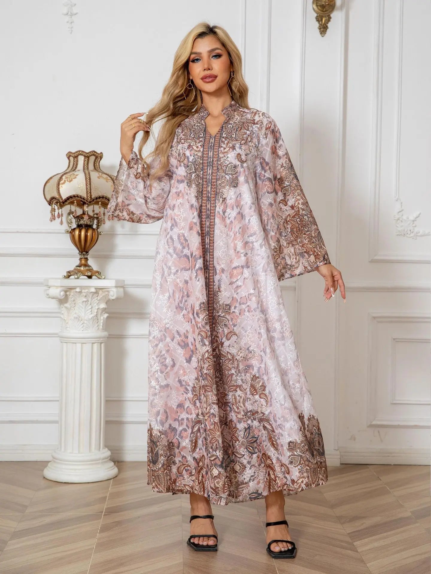 Embroidered Rhinestone Abaya Long Sleeve Modest Maxi Abaya Middle East Muslim Traditional Abaya Floral Glam Ramadan Kaftan