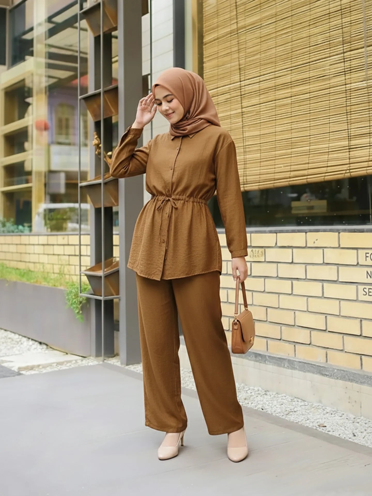 Turn Down Collar Rope Laced 2 Piece Set Women Clothing Wide Leg Pants Ramadan Prayer Dubai Islamic Clothes Turkish Abaya