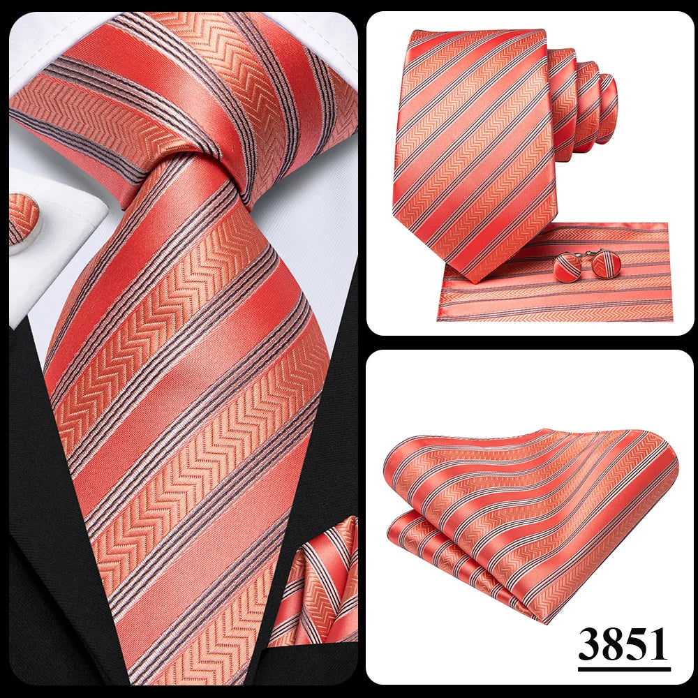 Hi-Tie Men Fashion Striped Navy Blue Necktie Handkerchief Cufflinks for Tuxedo Accessory Classic Silk Luxury Tie for Man Gift