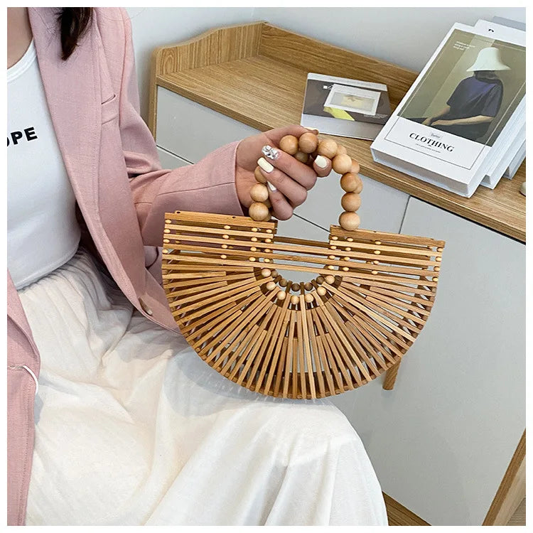 Handmade Fashion Bamboo Handbag Pearl Handle Design Elegant Women Hollow Out Beach Bag Vacation Women Straw Bag Female Bags