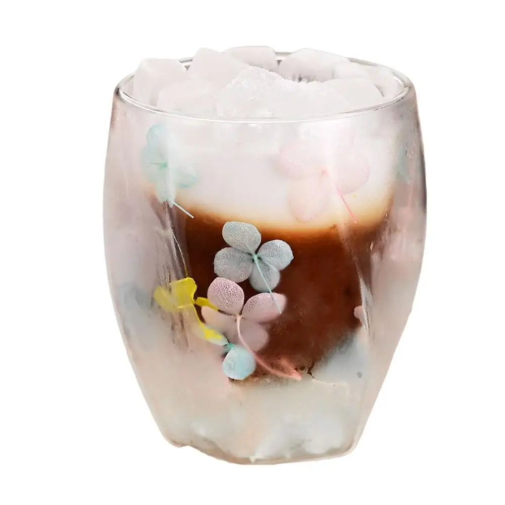 Dried Flower Double Wall Clear Glass Coffee Mugs Dried Flower Decorated Coffee Cup Milk Mug Heat Insulation Coffee Cup 350ml