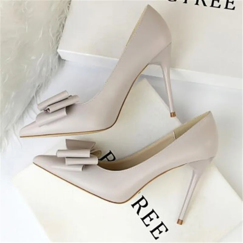 2025 Fashion Delicate Sweet Bowknot High Heel Shoes Side Hollow Pointed Women Pumps Pointed Toe 10.5CM thin Dress Shoes